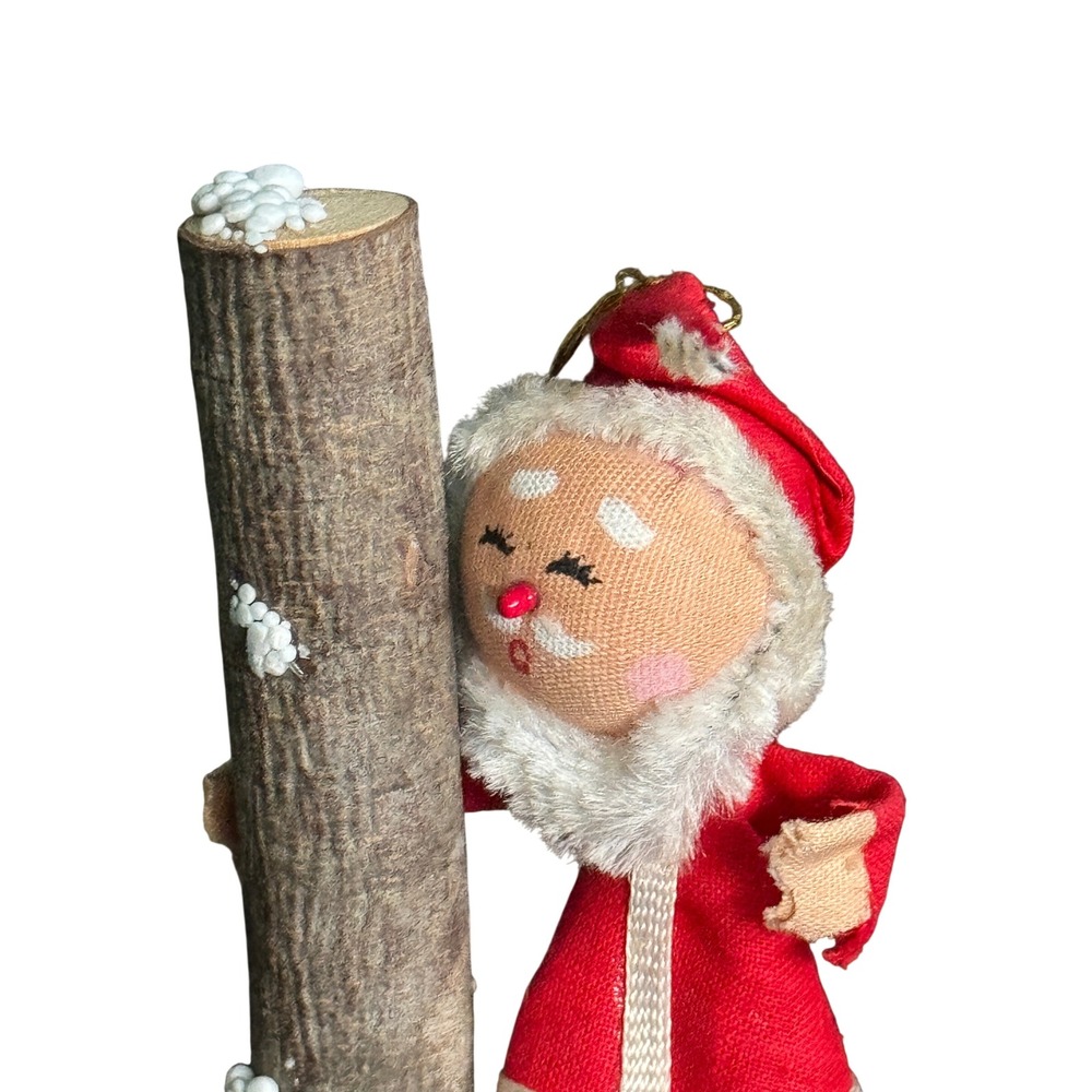 Vintage Christmas Santa Claus Figurine Fabric Face Wood Log Base Rustic Decor - Picture 3 of 5